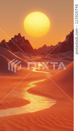 Sunset over a winding river in a golden desert landscape with mountains in the background 123920748