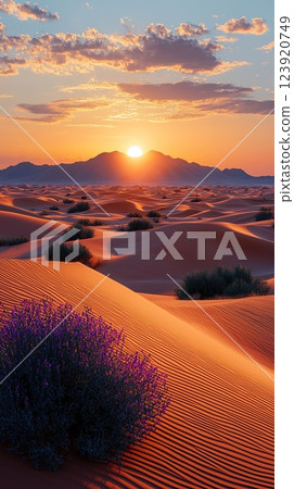 Sunset over desert dunes with purple flowers in the foreground and mountains in the background 123920749
