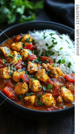 Delicious chicken curry served with fragrant coconut rice and garnished with fresh herbs in a rustic bowl 123920765