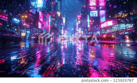 Vibrant cityscape illuminated by neon lights during a rainy night in a bustling urban center 123920767