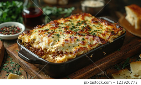 Deliciously baked lasagna served on a rustic wooden table with fresh herbs and sides 123920772
