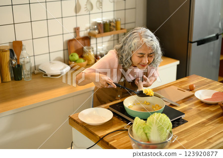 Happy senior woman preparing a simple breakfast in a modern kitchen 123920877