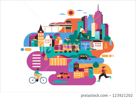 Colorful Urban Life Illustration. Modern Cityscape with People, Transportation, and Skyscrapers. Colorful Urban Life Illustration. Modern Cityscape with People, Transportation, and Skyscrapers. 123921202