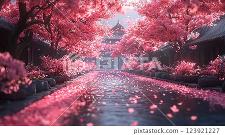 Cherry blossom trees line a tranquil path in a serene Japanese garden during springtime with petals scattered in the breeze 123921227