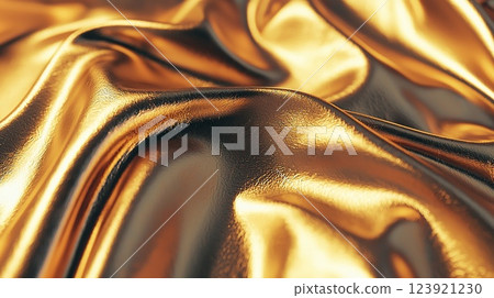Smooth and shiny golden fabric draped elegantly in soft waves with intricate texture 123921230