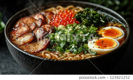 Delicious bowl of ramen with fresh toppings served in a traditional black bowl at a cozy restaurant 123921252