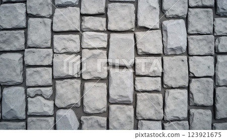 Smooth texture of a gray cobblestone wall or road backdrop. A path or pathway with a repeating surface pattern of tileable, gritty natural rock and stone. A 3D representation of a construction 123921675