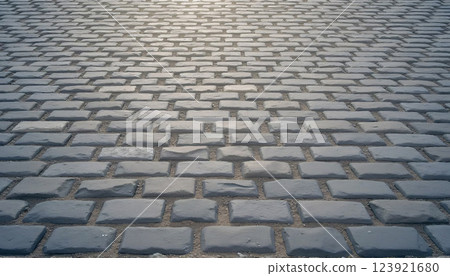 Smooth texture of a gray cobblestone wall or road backdrop. A path or pathway with a repeating surface pattern of tileable, gritty natural rock and stone. A 3D representation of a construction 123921680