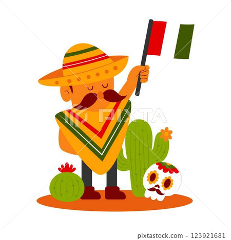 Mexican Man Holding Mexican Flag Cactus Skull  123921681