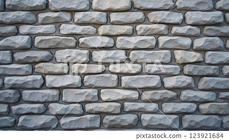 Smooth texture of a gray cobblestone wall or road backdrop. A path or pathway with a repeating surface pattern of tileable, gritty natural rock and stone. A 3D representation of a construction 123921684