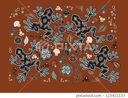 Hawaiian Poison Dart Frog Fairy Line Art with Florals, Leaves and Mushrooms, Intricate Line Art Fantasy Reptilian Drawings Vector Design Elements Set 123922133