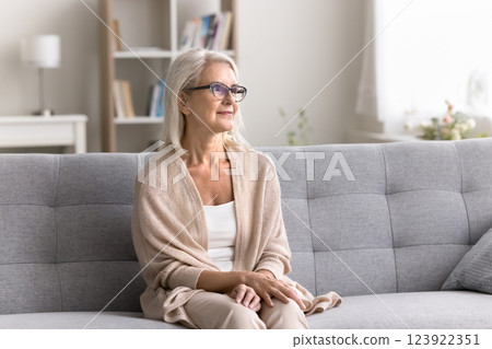 Pensive female retiree sit on sofa look away with smile 123922351