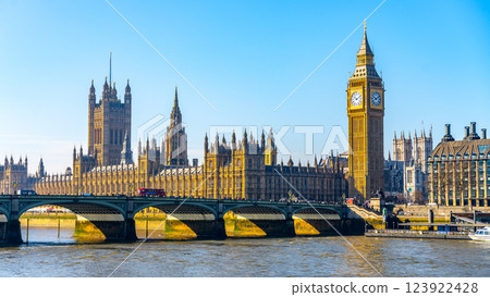 Under a clear blue sky, the iconic Houses of Parliament and Big Ben tower majestically over Westminster Bridge. A red double-decker bus crosses the bridge, adding vibrancy to the historic scene. Under a clear blue sky, the iconic Houses of Parliament and Big Ben tower majestically over Westminster Bridge. A red double-decker bus crosses the bridge, adding vibrancy to the historic scene. 123922428