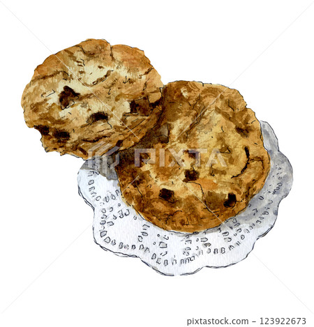 Delicious chocolate chip cookies on white napkin sketch by watercolor and line 123922673