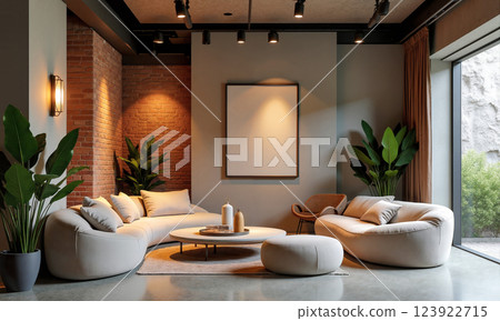 Stylish living room design featuring modern furniture and greenery in a cozy urban space Stylish living room design featuring modern furniture and greenery in a cozy urban space 123922715