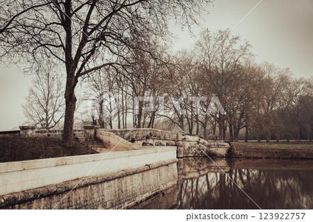 Image of an old European castle and stone bridge: Chambord Castle 123922757