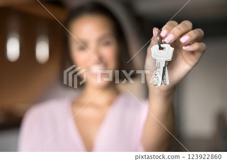 Closeup cropped view of female hand holding bunch of keys 123922860