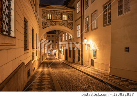Illuminated by warm street lights, Thunovska Street showcases the charming architecture of the Chamber of Deputies and cobblestone pathways, creating a serene atmosphere at night in Lesser Town. 123922937