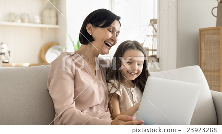 Laughing mature grandma little granddaughter exploring education apps on notebook 123923288