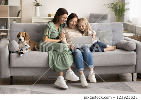 Little grandchild spend time on internet with family and dog Little grandchild spend time on internet with family and dog 123923623