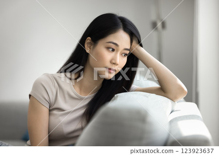 Asian woman feeling frustration, lost in sad thoughts or contemplation Asian woman feeling frustration, lost in sad thoughts or contemplation 123923637
