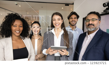 Happy diverse business project colleagues and team leader posing together 123923721