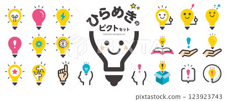 Inspiration pictogram icon set (light bulb, discovery, light bulb) / color, illustration style 123923743
