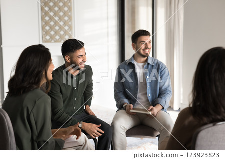 Happy team participate in group meeting event Happy team participate in group meeting event 123923823
