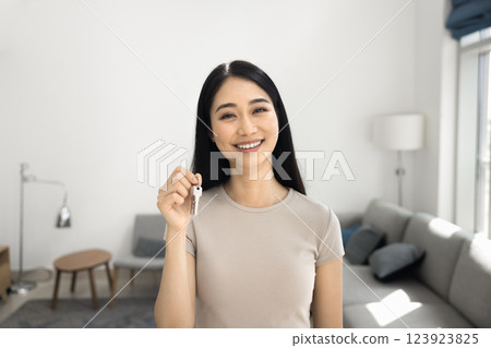 Happy home owner posing with bunch of keys 123923825