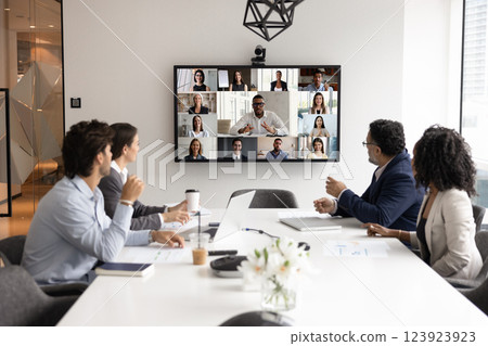 Multiethnic different aged business team speaking to distant colleagues 123923923