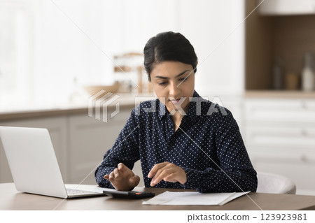 Serious young businesswoman make bookkeeping work at home office Serious young businesswoman make bookkeeping work at home office 123923981