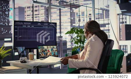 Ambitious black businesswoman negotiating with investors on online videoconference, asking for more funds to sustain a global expansion plan. Female director driven for career success. Camera B. Ambitious black businesswoman negotiating with investors on online videoconference, asking for more funds to sustain a global expansion plan. Female director driven for career success. Camera B. 123924072
