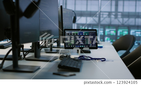 Data center facility employing deep learning technology to maintain company network infrastructure. Neural networks tech used in server room to ensure optimal system performance, handheld camera shot 123924105