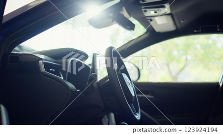 Close up of car interior gearbox gear shift, transmission control panel and buttons activating different vehicle functions. Panning shot of vehicle automatic gearbox control buttons 123924194