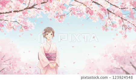 Illustration of a woman in a kimono with cherry blossoms Illustration of a woman in a kimono with cherry blossoms 123924548
