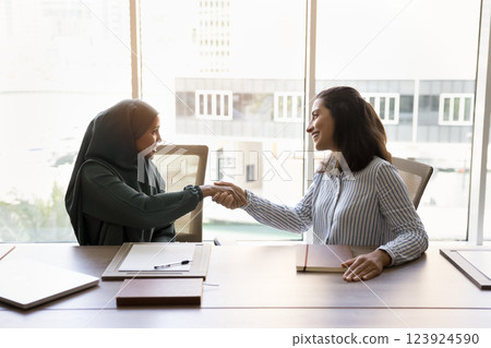 Two multicultural businesswomen sitting in office smiling and shaking hands 123924590