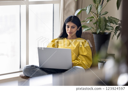 Focused Indian woman sitting in armchair at home using laptop 123924597