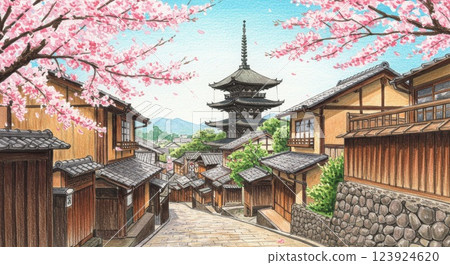 櫻花和京都的五重塔,剪紙 櫻花和京都的五重塔,剪紙 123924620