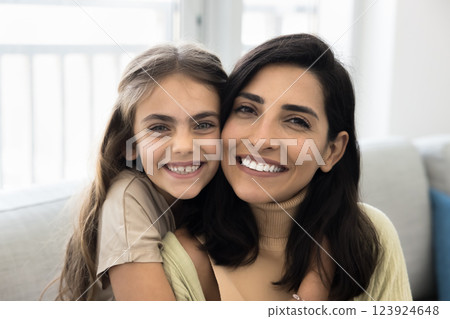Close up shot beautiful woman posing with her little daughter Close up shot beautiful woman posing with her little daughter 123924648