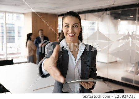 Cheerful young recruit manager woman offering hiring in successful company 123924735