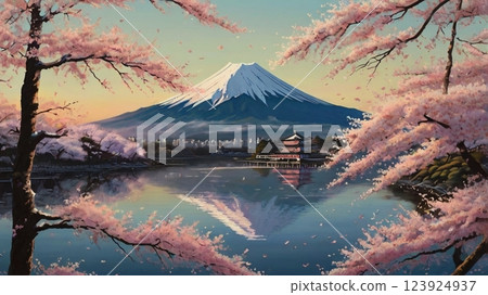 Cherry blossoms in full bloom! A spectacular spring scene with Mt. Fuji 123924937