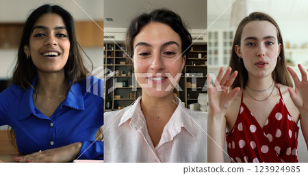 Three multiethnic women talking using videoconference application, multiple videos collage Three multiethnic women talking using videoconference application, multiple videos collage 123924985