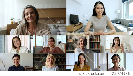 Group of women look at camera, having talk, collage view Group of women look at camera, having talk, collage view 123924986