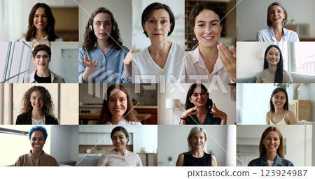 Group of pretty multiethnic women staring at camera, collage view 123924987