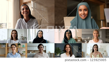 Women colleagues make video call, looking at camera, collage view 123925005
