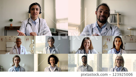 Medical workers lead on-line virtual meeting with diverse colleagues 123925006