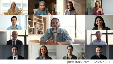 Teleconference of different age and race businesspeople, collage view Teleconference of different age and race businesspeople, collage view 123925007