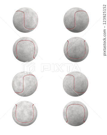Eight white baseballs with red stitching are evenly arranged on a white background. Each ball shows a different angle of stitching. 123925152