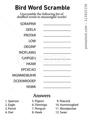 Birds Word Scramble and Puzzle, Animals Leisure, Hobby and Fun Educational Game for Kids, Teens and Adults 123925156