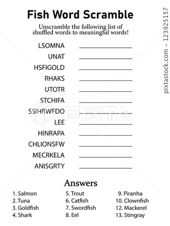 Fish Word Scramble and Puzzle, Animals Leisure, Hobby and Fun Educational Game for Kids, Teens and Adults Fish Word Scramble and Puzzle, Animals Leisure, Hobby and Fun Educational Game for Kids, Teens and Adults 123925157